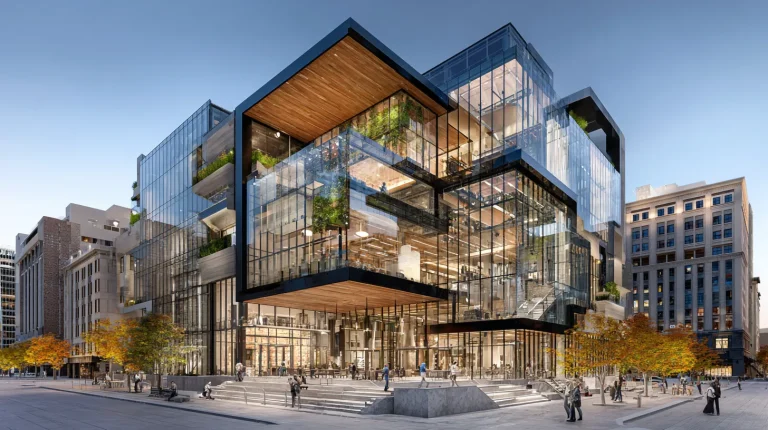 A detailed architectural render of a modern commercial building with a layered, glass facade, integrated green spaces, and a prominent use of natural wood accents.