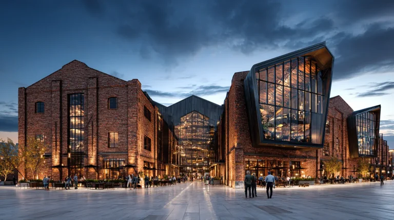 A nighttime architectural render of a large urban building complex, with an old red brick facade and new modern glass additions, featuring a busy outdoor plaza with people dining and walking.