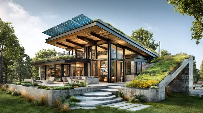 An architectural render of a modern, sustainable home featuring a green roof, solar panels, extensive glass walls, and integrated into a natural, terraced landscape.